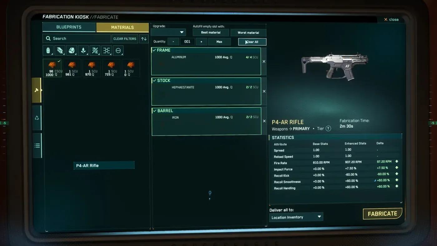 The crafting screen of the RediMake item fabricator with its material slots