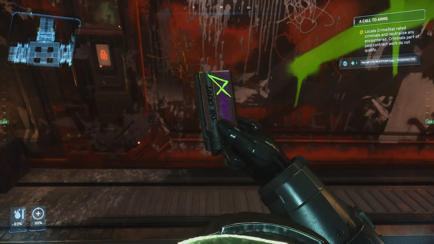 The Crypt Keycard held up in front of the Crypt door inside the Ruin Station vault
