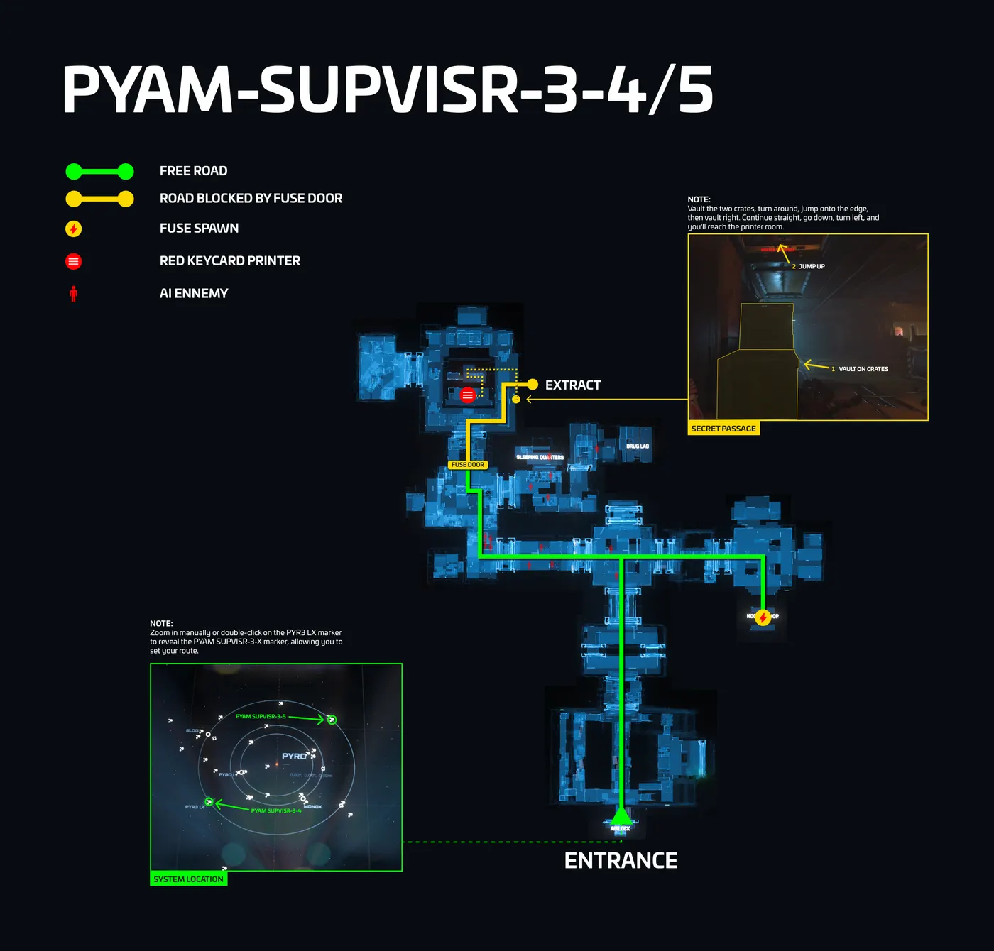 Map of the PYAM-SUPVISR-3-4 and PYAM-SUPVISR-3-5 asteroid bases where red Supervisor keycards print