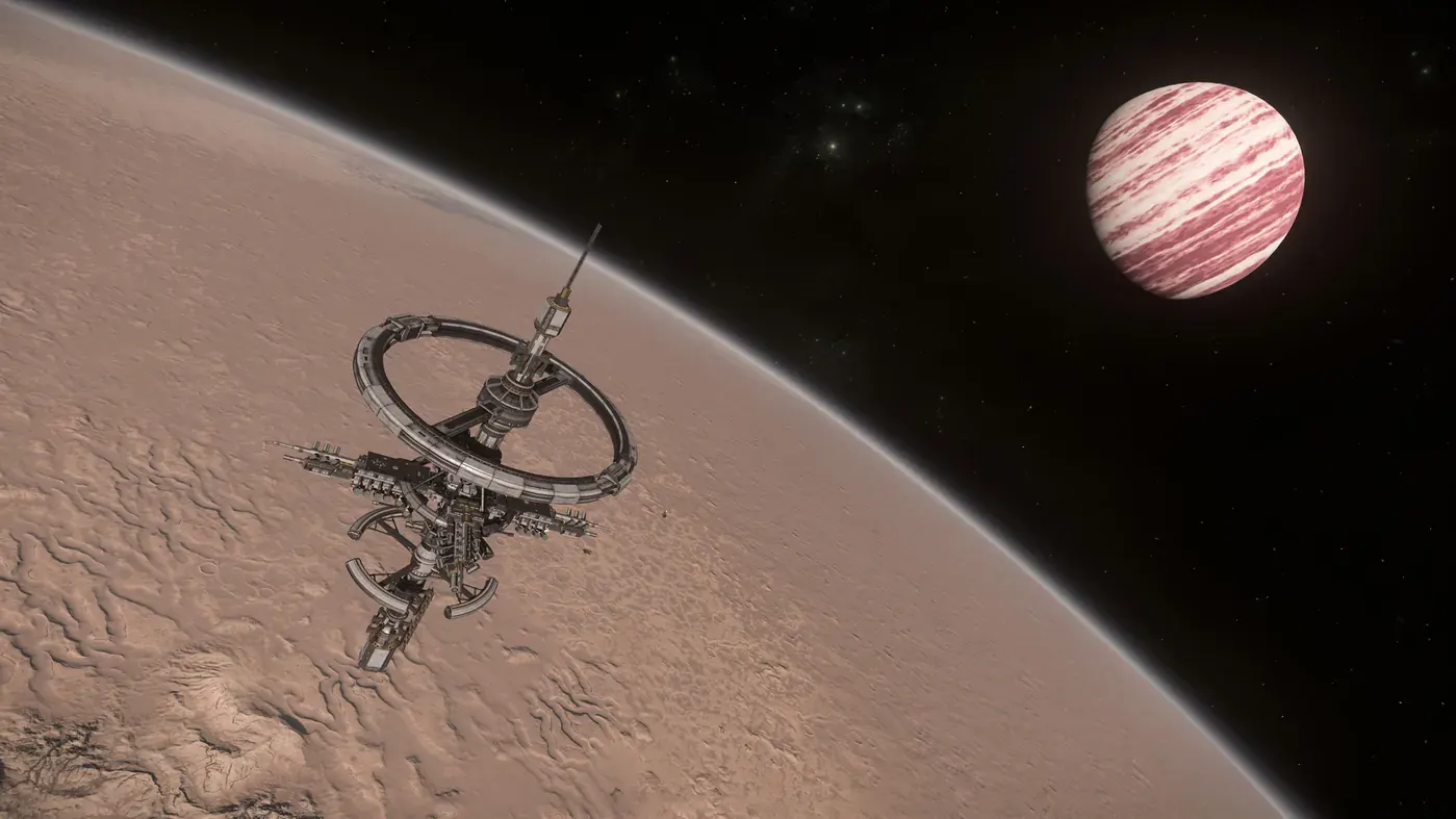 Lamina OLP orbital laser platform in low Daymar orbit with Crusader behind it