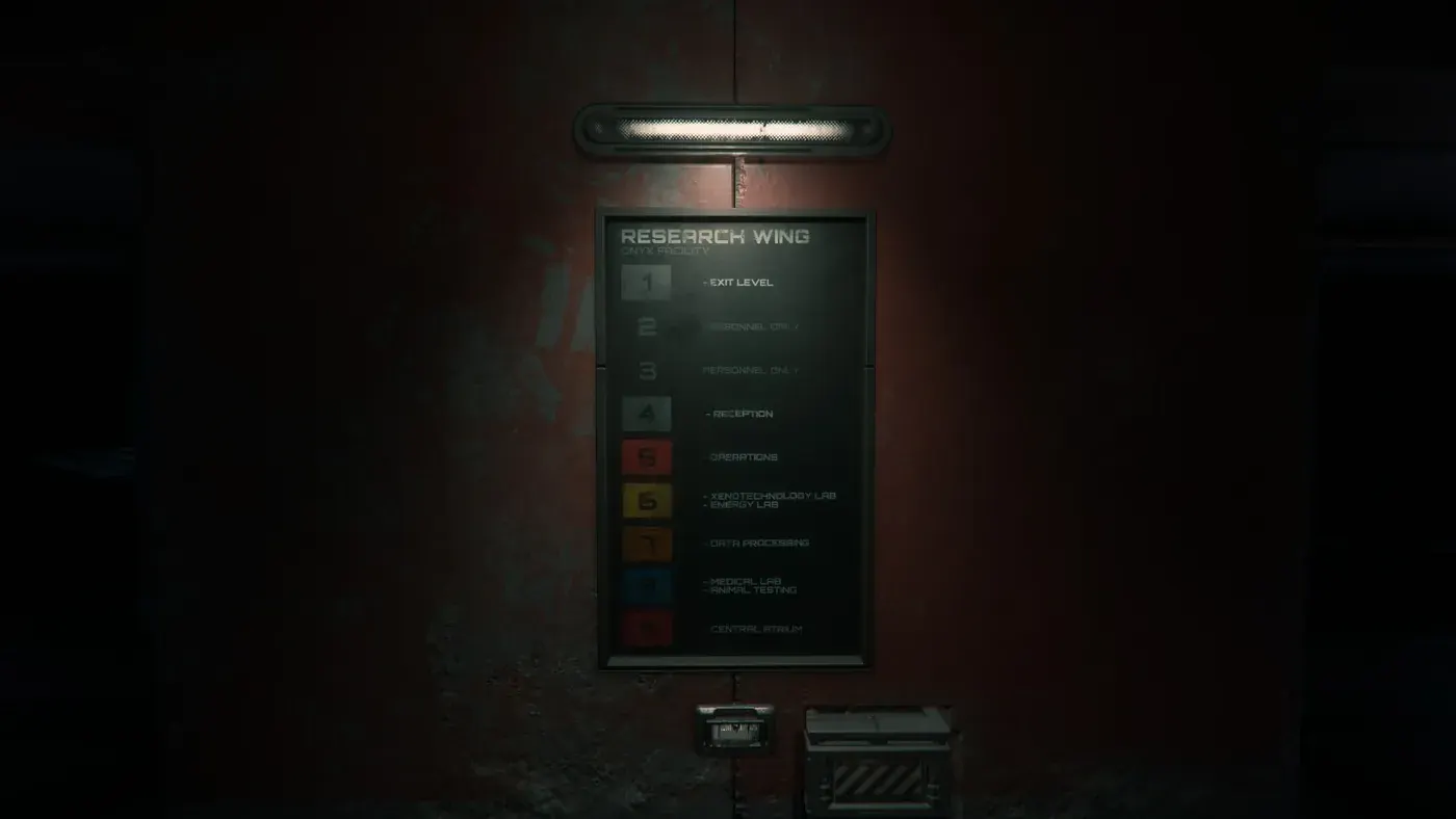 An in-game floor plan board for the Onyx Facility research wing